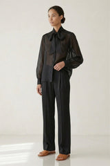 Black Sheer Organza Bow Tie-Neck Shirt