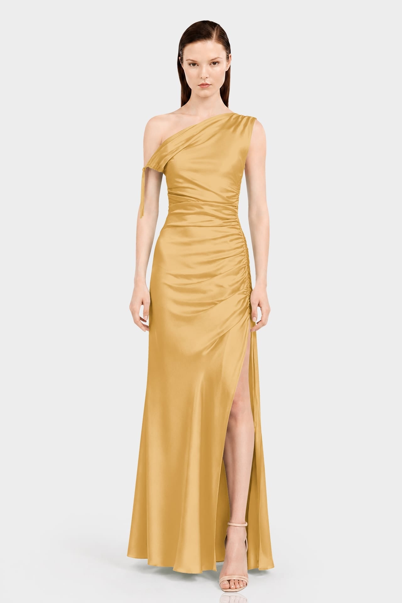 Butterscotch Gathered Stretch Satin Maxi Dress – Destination Wedding Dress