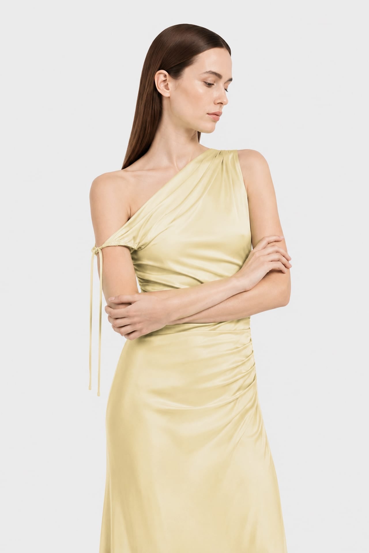 Designer Champagne One Shoulder Satin Gala Dress in Gathered Design - Resort Dinner Dress
