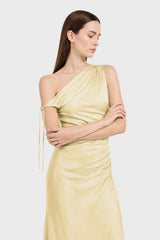 Designer Champagne One Shoulder Satin Gala Dress in Gathered Design - Resort Dinner Dress