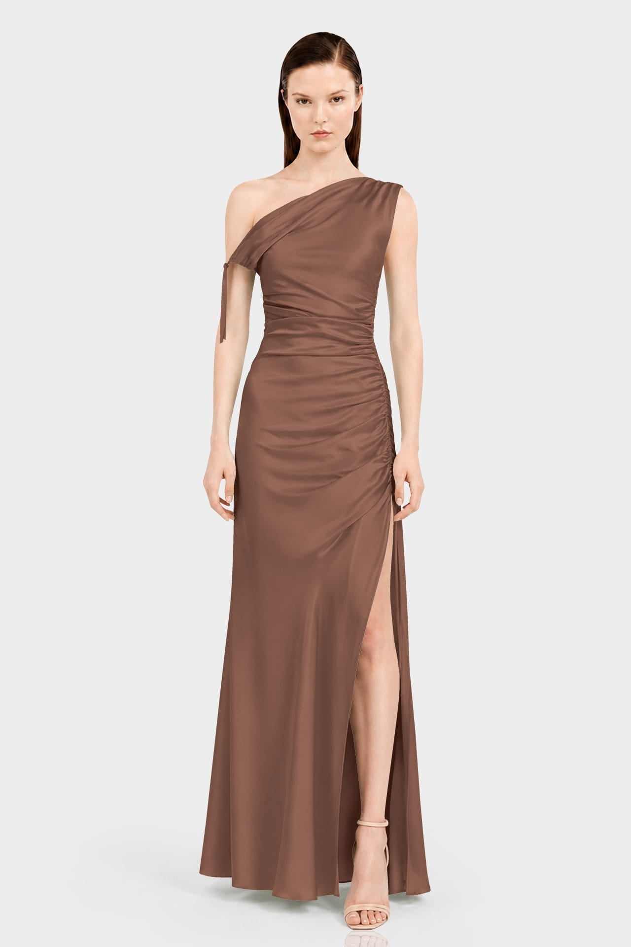 Designer Chocolate Gathered Asymmetrical Neckline Maxi Occasion Dress