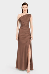 Designer Chocolate Gathered Asymmetrical Neckline Maxi Occasion Dress