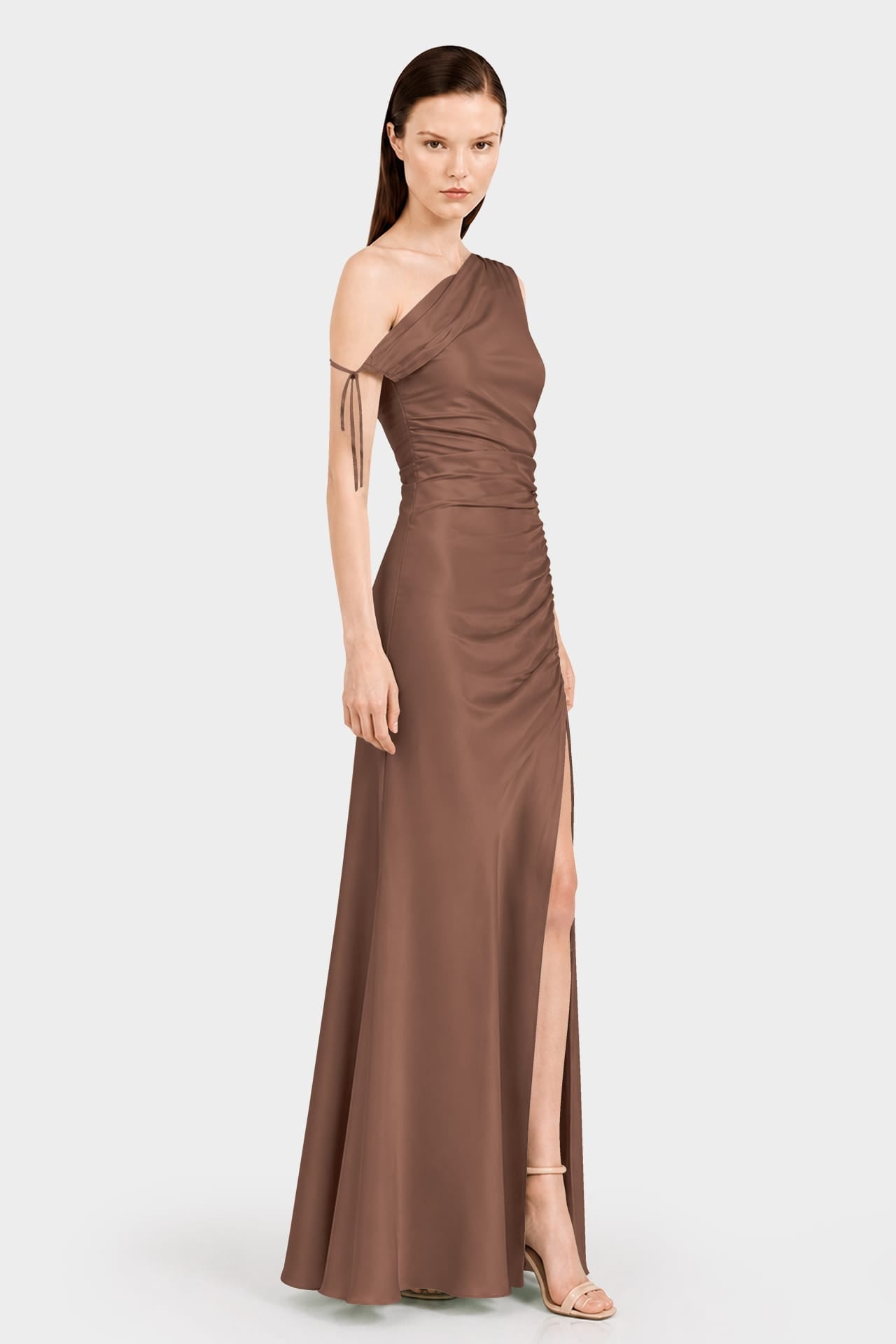 Designer Chocolate Gathered Asymmetrical Neckline Maxi Occasion Dress