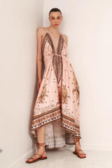 Creme Geometric Silk Scarf Maxi Dress