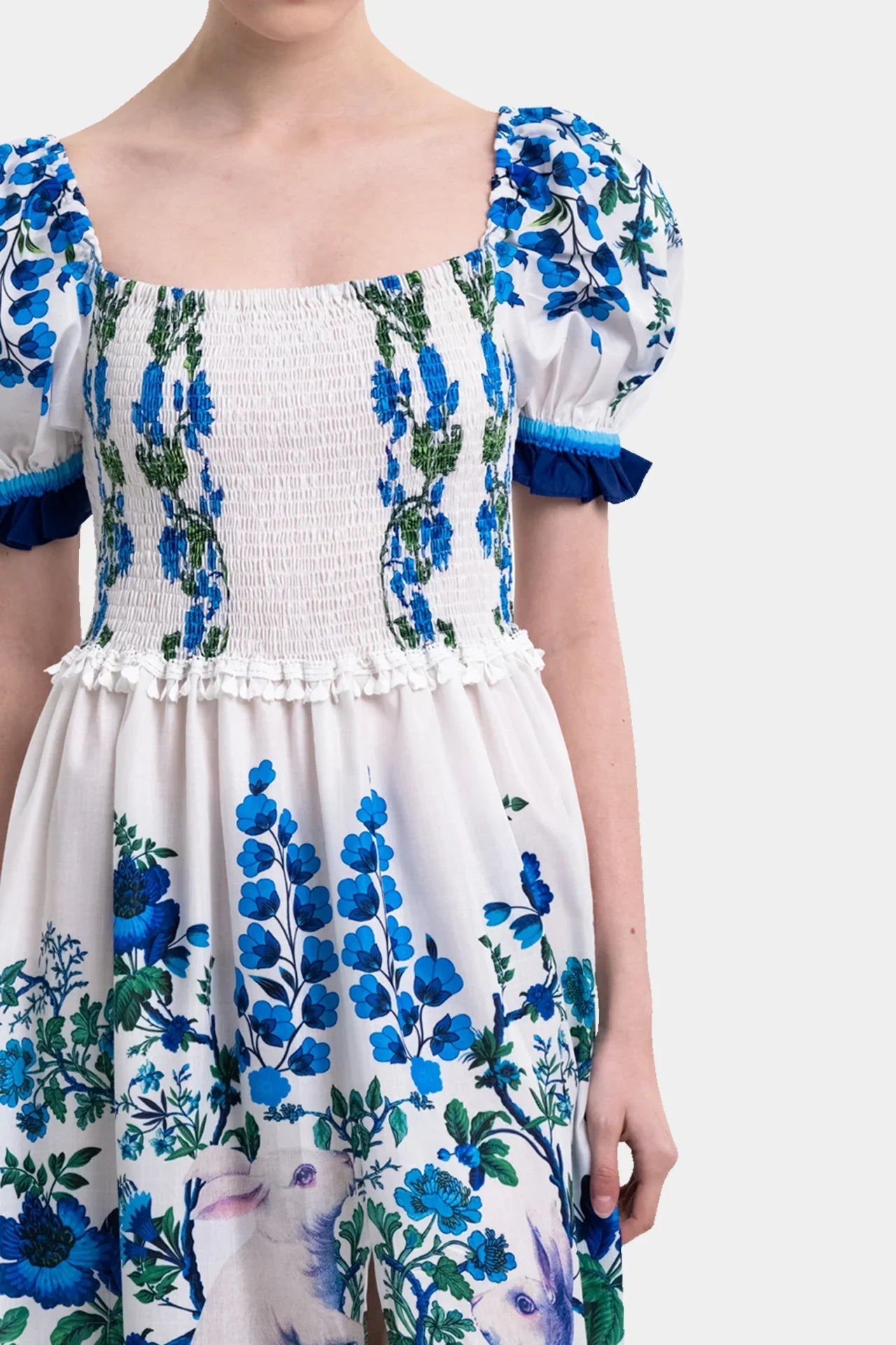 White & Blue Floral Voile Maxi Dress with Guipure Lace Trim
