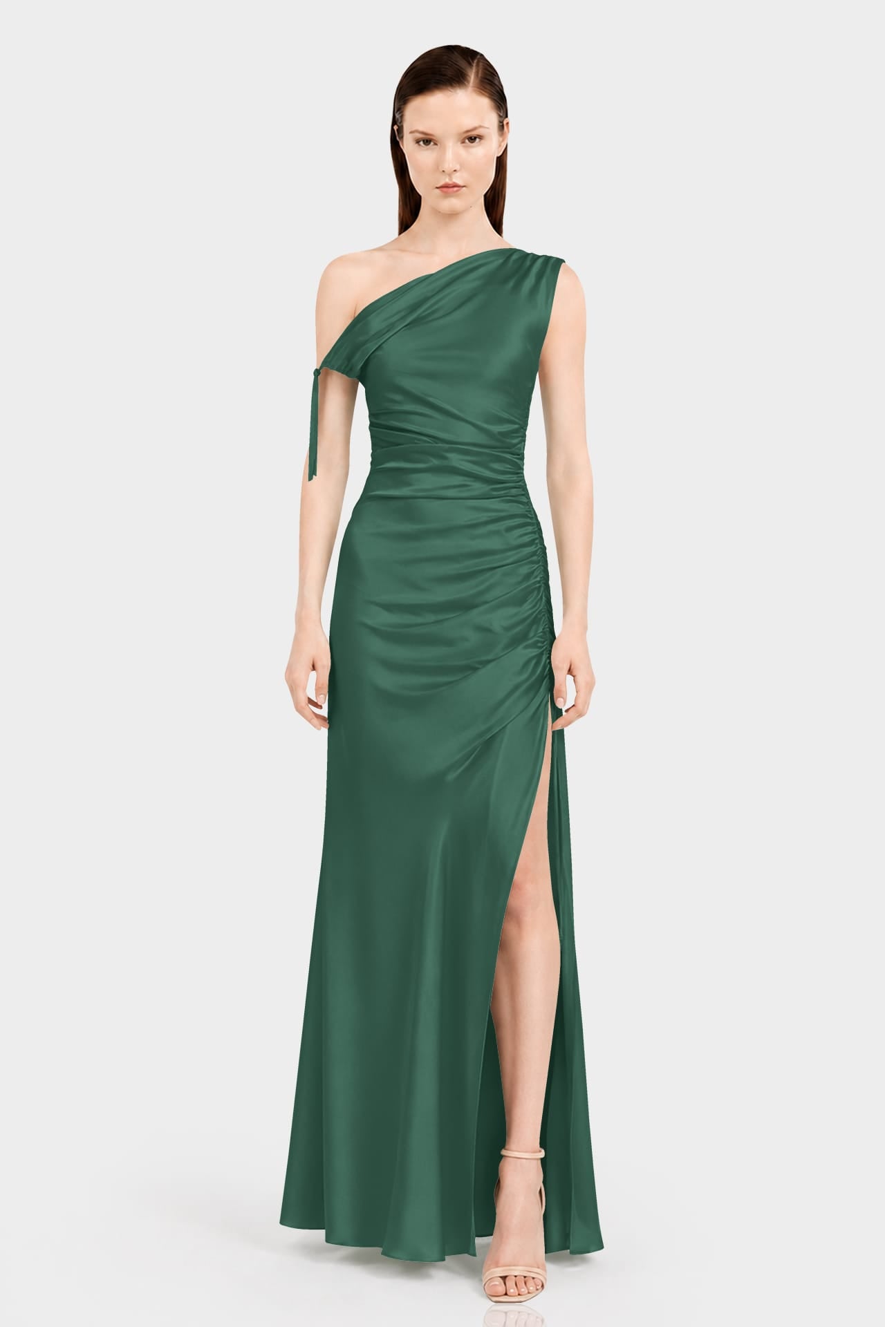 Designer Hunter Green Satin Gown for Weddings and Evening Events