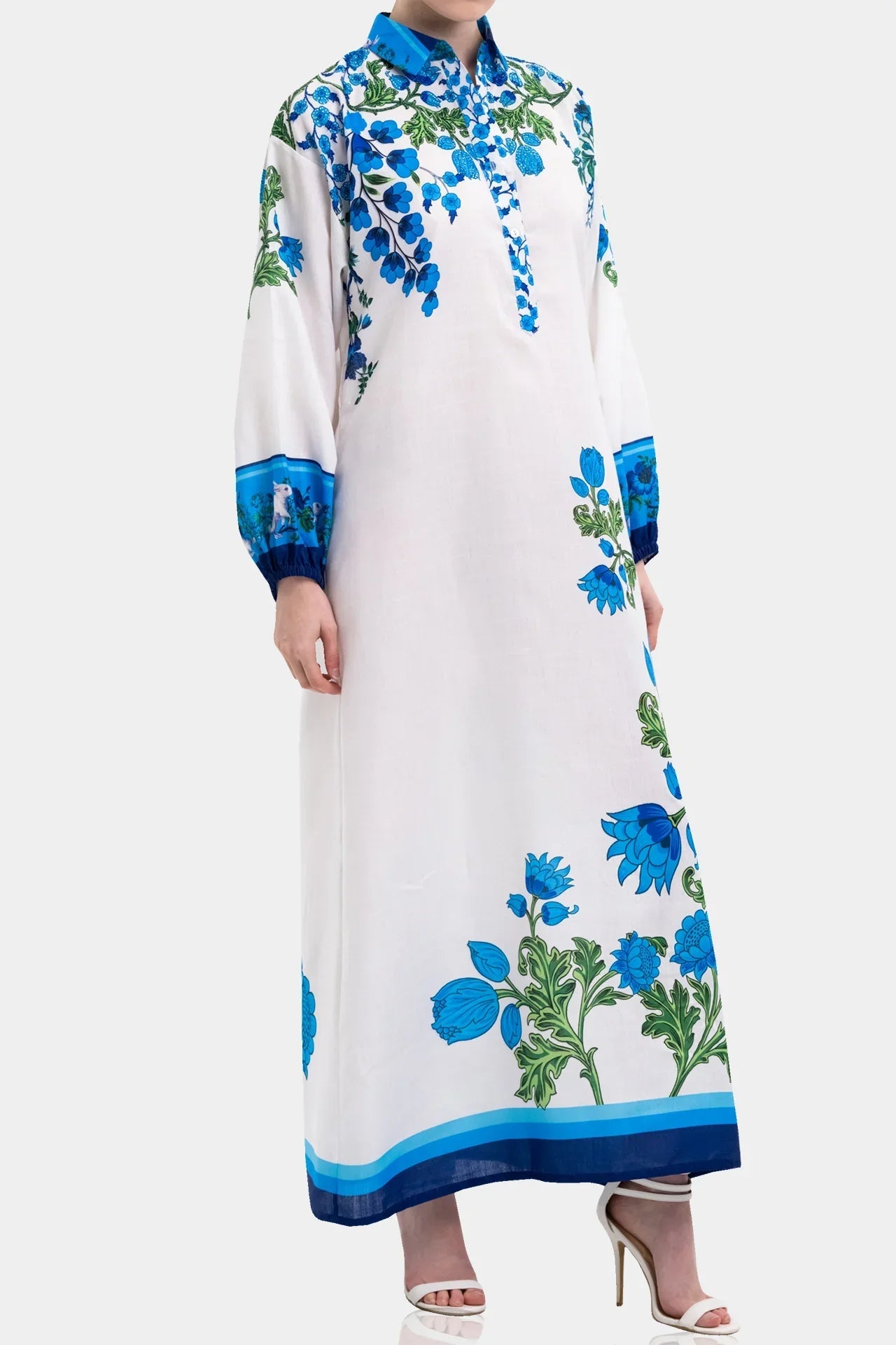 White & Blue Floral Cotton Maxi Shirt Dress with Full Sleeves