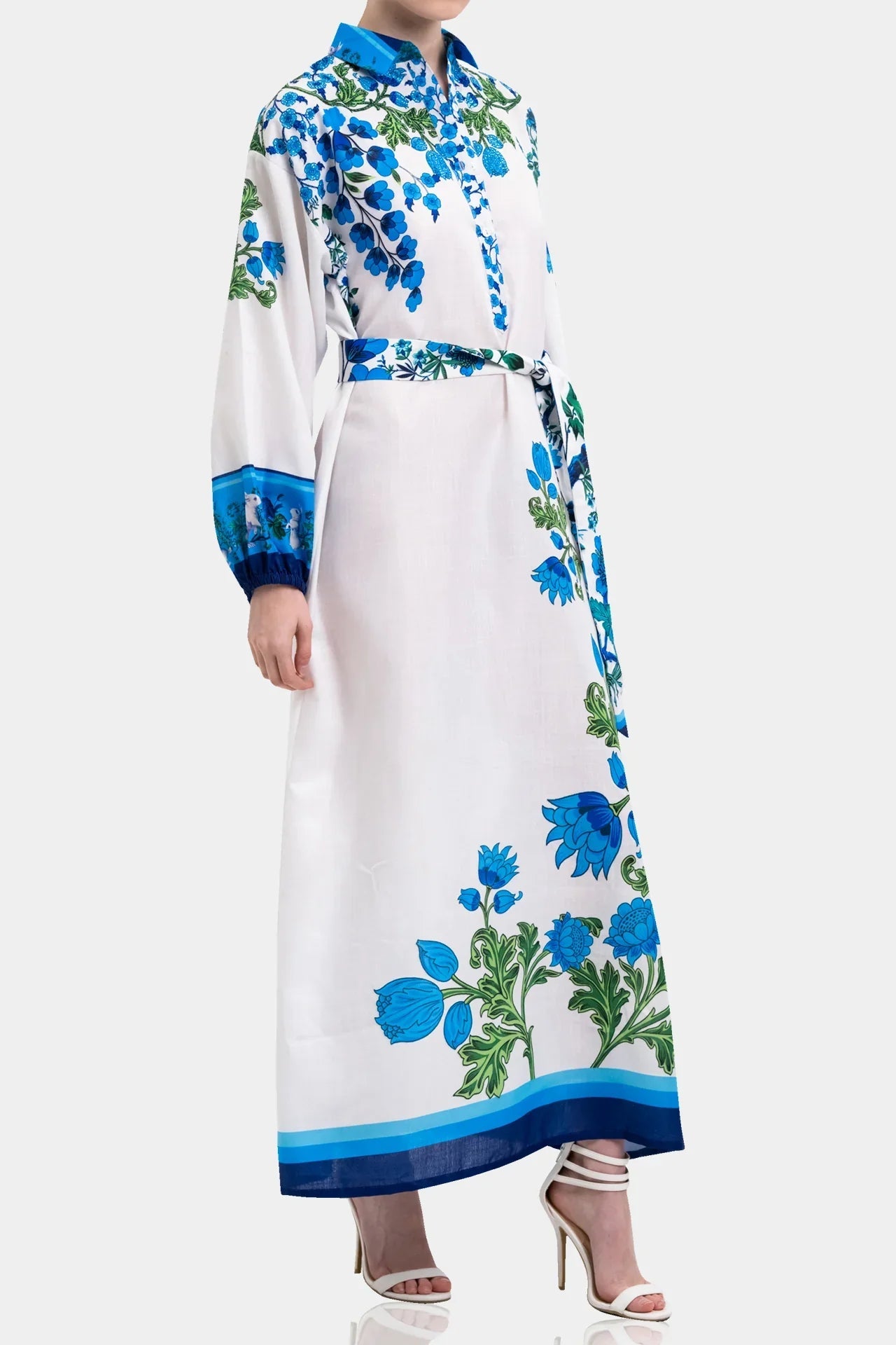 White & Blue Floral Cotton Maxi Shirt Dress with Full Sleeves