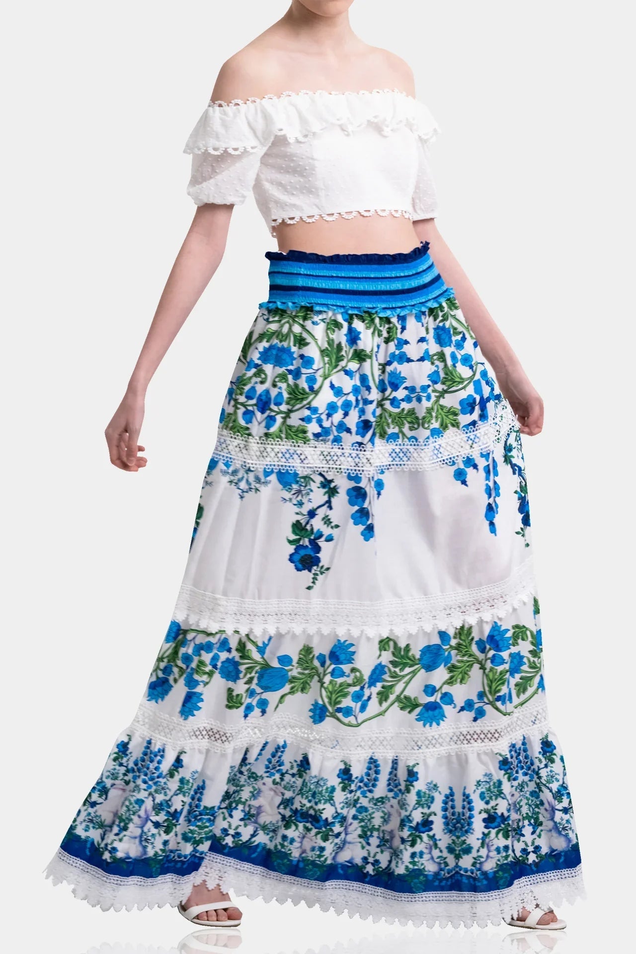 White & Blue Botanical Cotton Maxi Skirt with Guipure Lace Detail