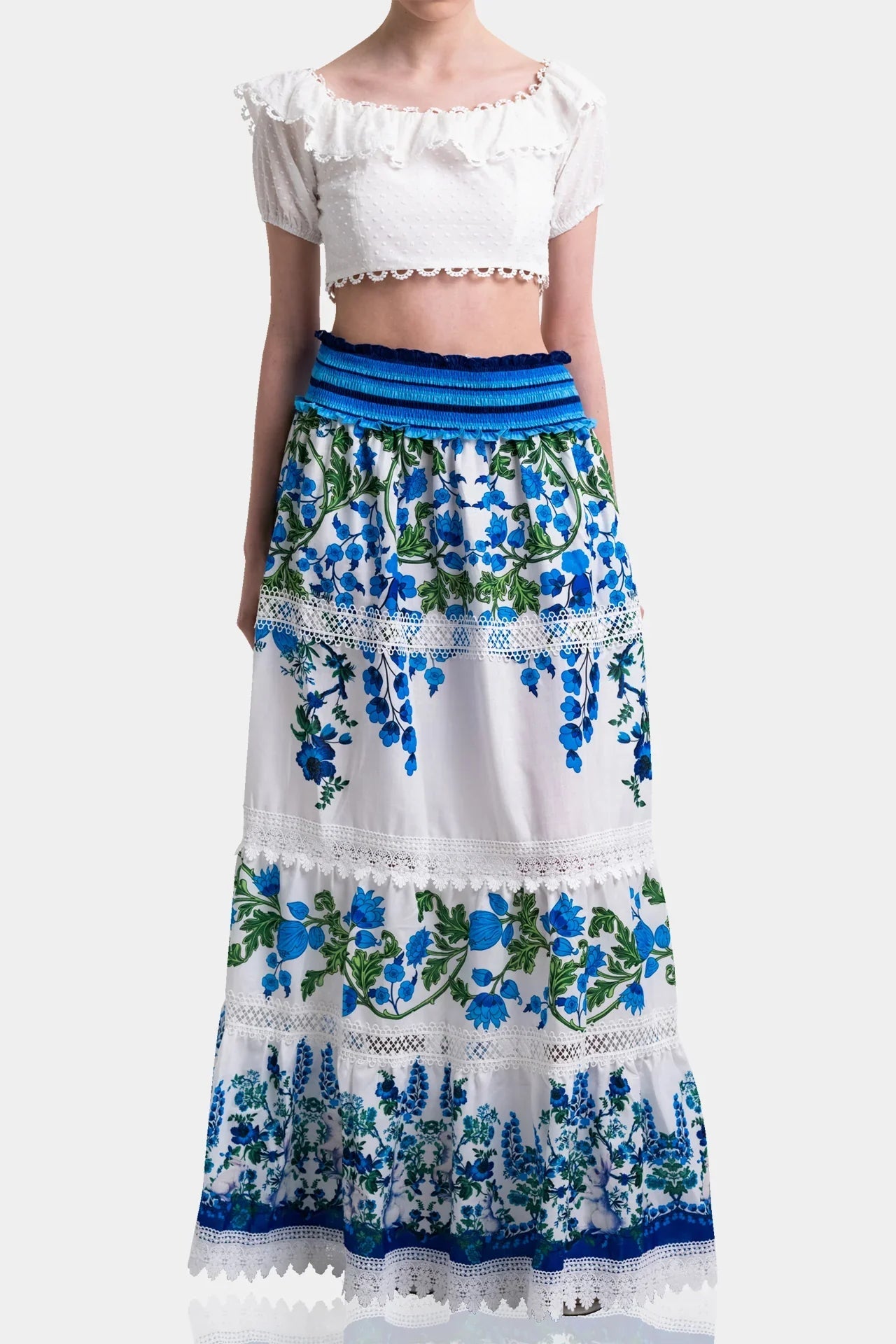 White & Blue Botanical Cotton Maxi Skirt with Guipure Lace Detail