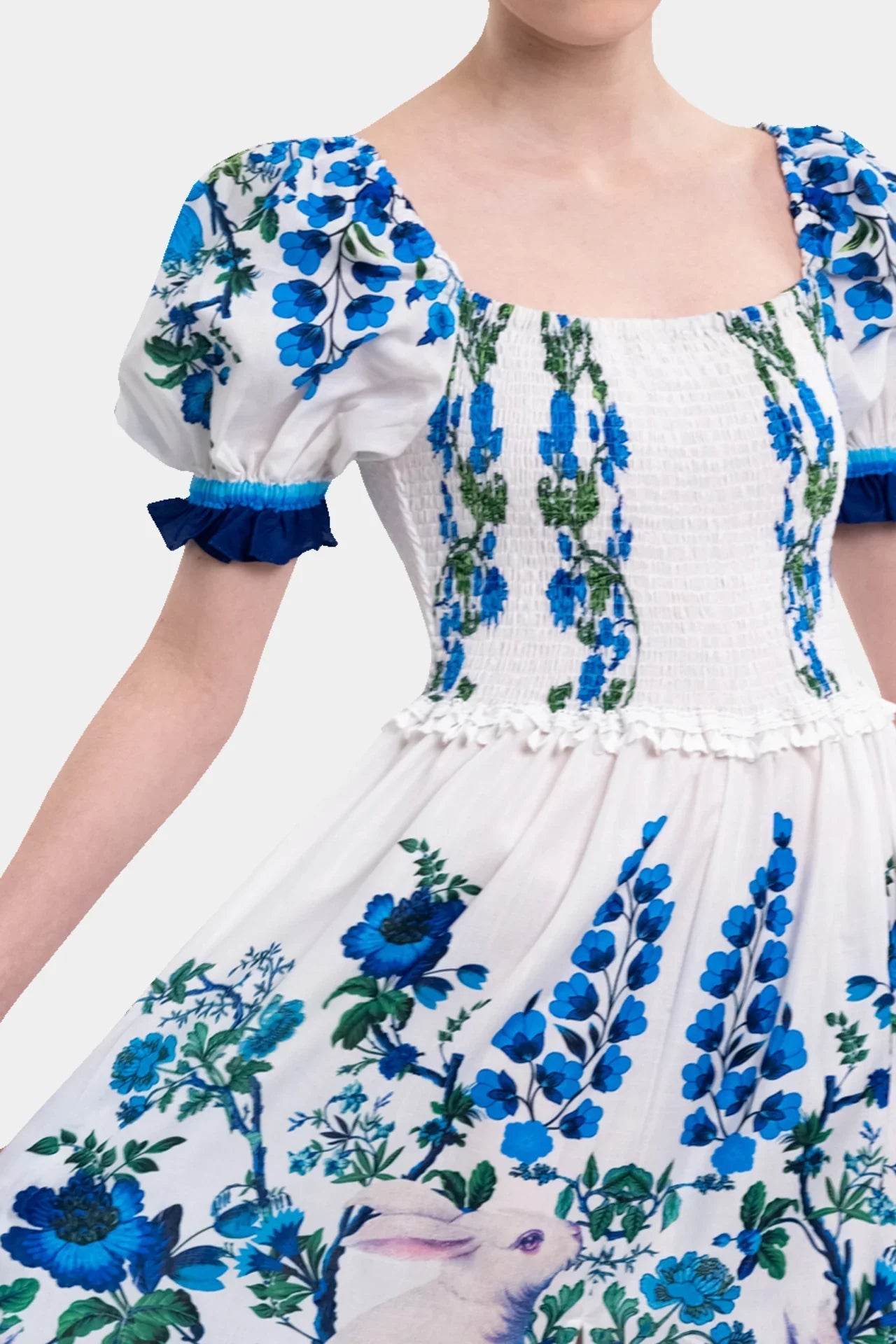 White & Blue Floral Voile Maxi Dress with Guipure Lace Trim