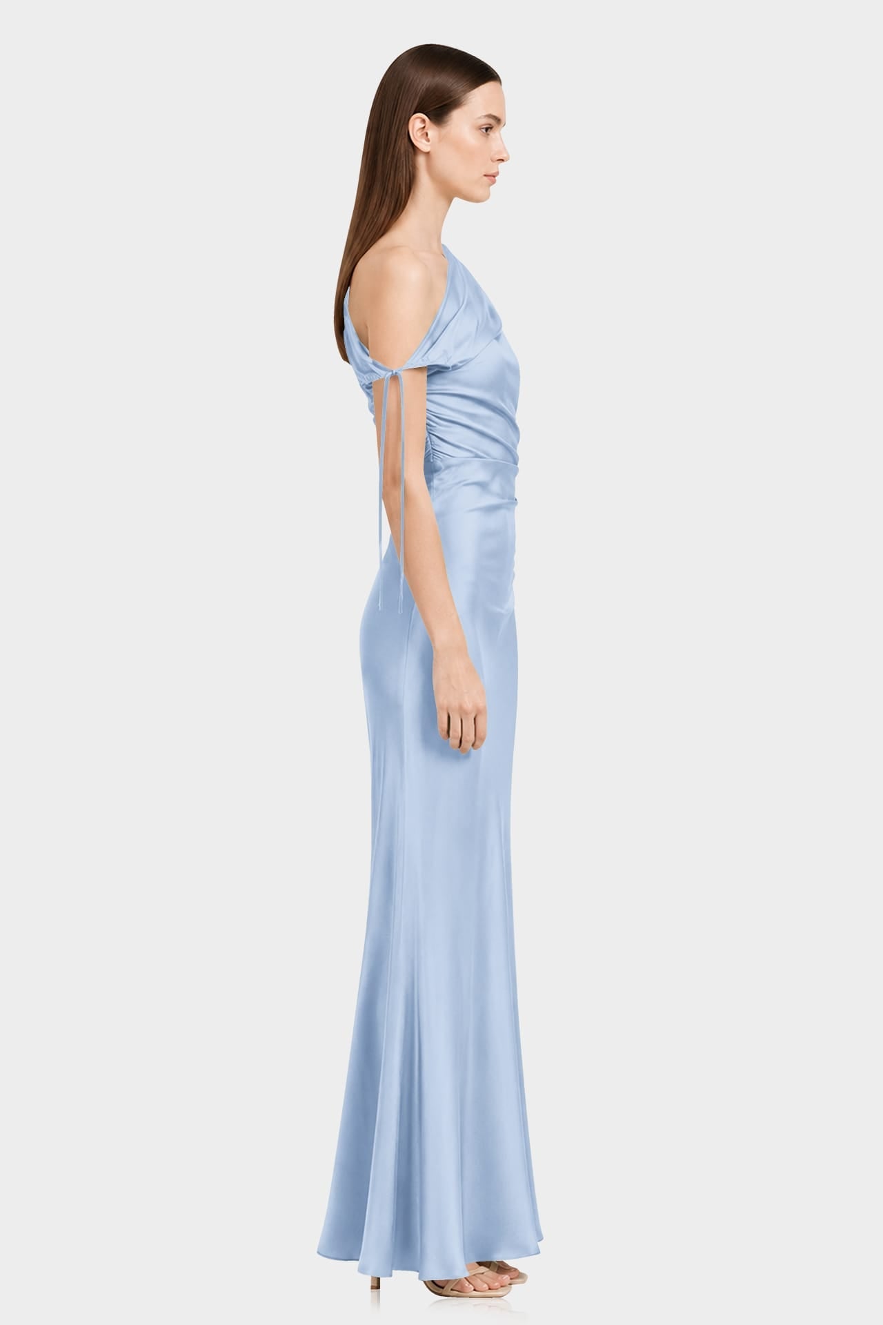 Powder Blue One Shoulder Gathered Satin Dress