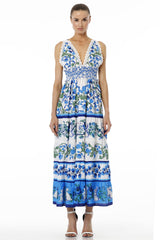 White & Blue Floral Sleeveless Deep Plunge Voile Maxi Dress with Guipure Lace