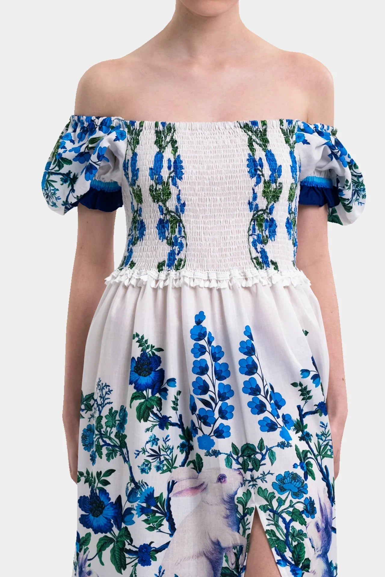 White & Blue Floral Voile Maxi Dress with Guipure Lace Trim