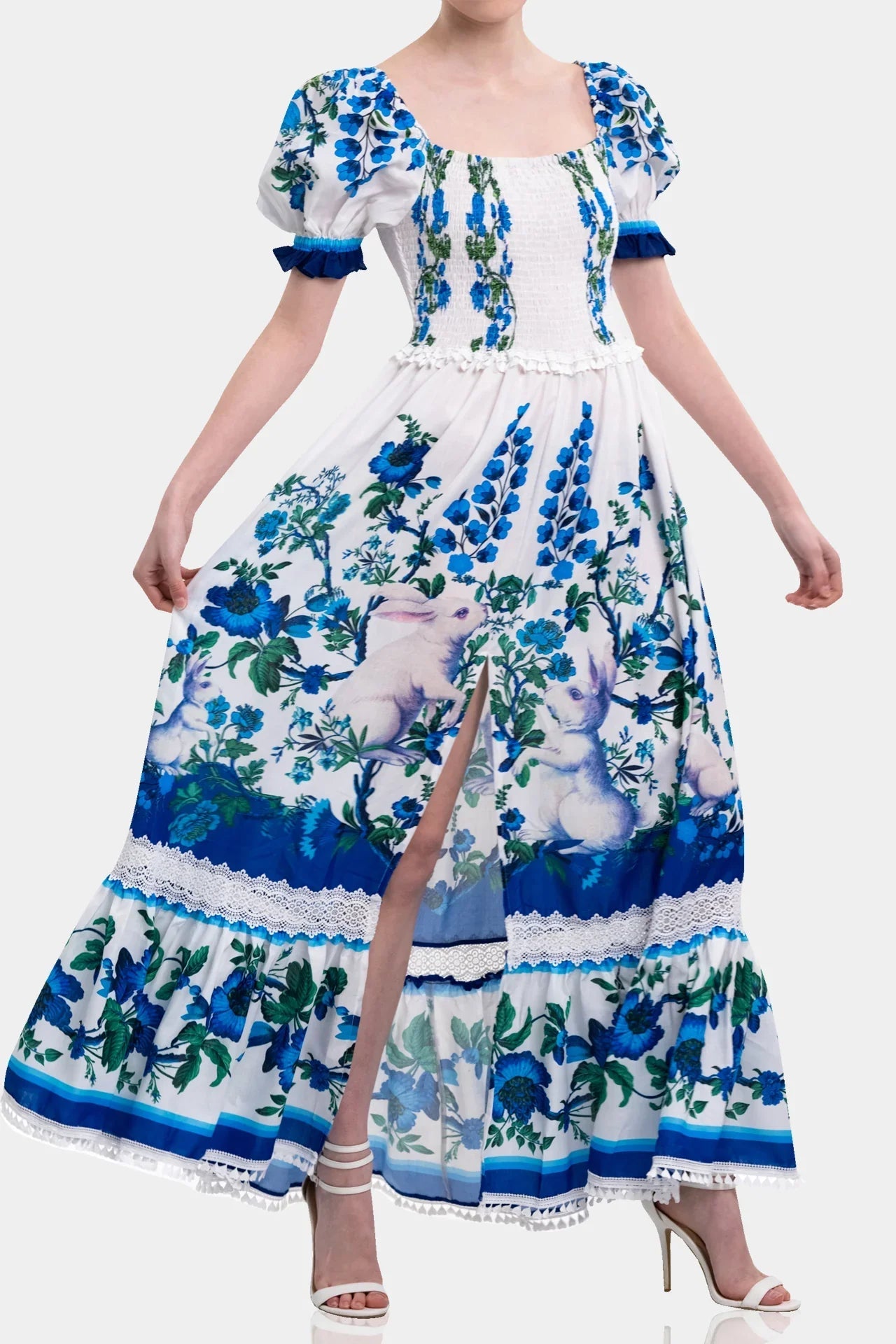 White & Blue Floral Voile Maxi Dress with Guipure Lace Trim