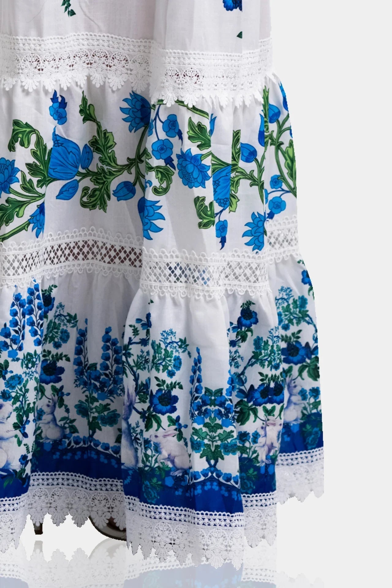 White & Blue Botanical Cotton Maxi Skirt with Guipure Lace Detail
