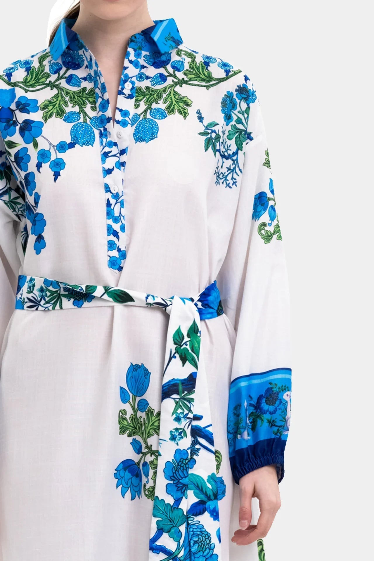 White & Blue Floral Cotton Maxi Shirt Dress with Full Sleeves
