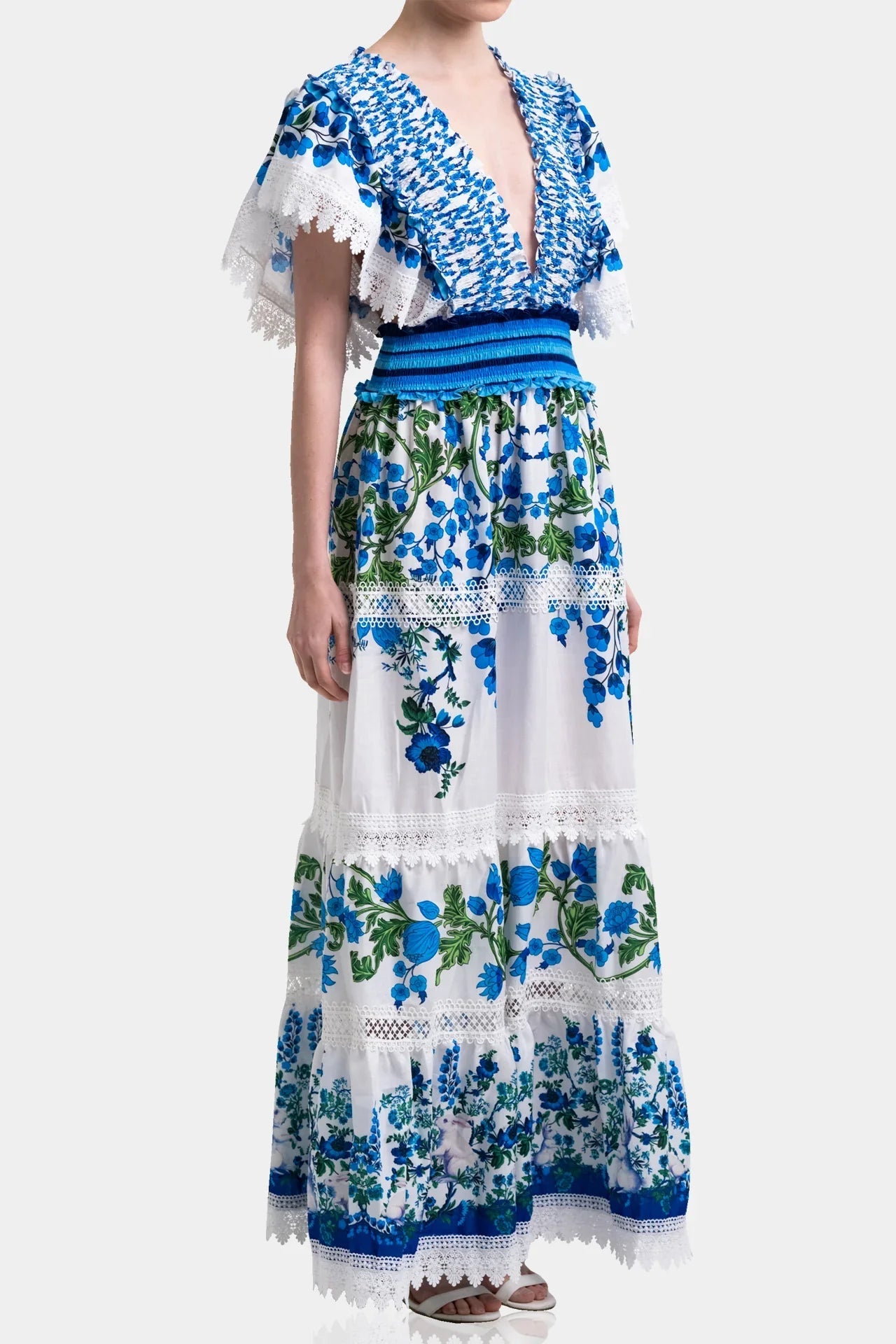 White & Blue Floral Voile Maxi Dress with Guipure Lace & Smocked Waist