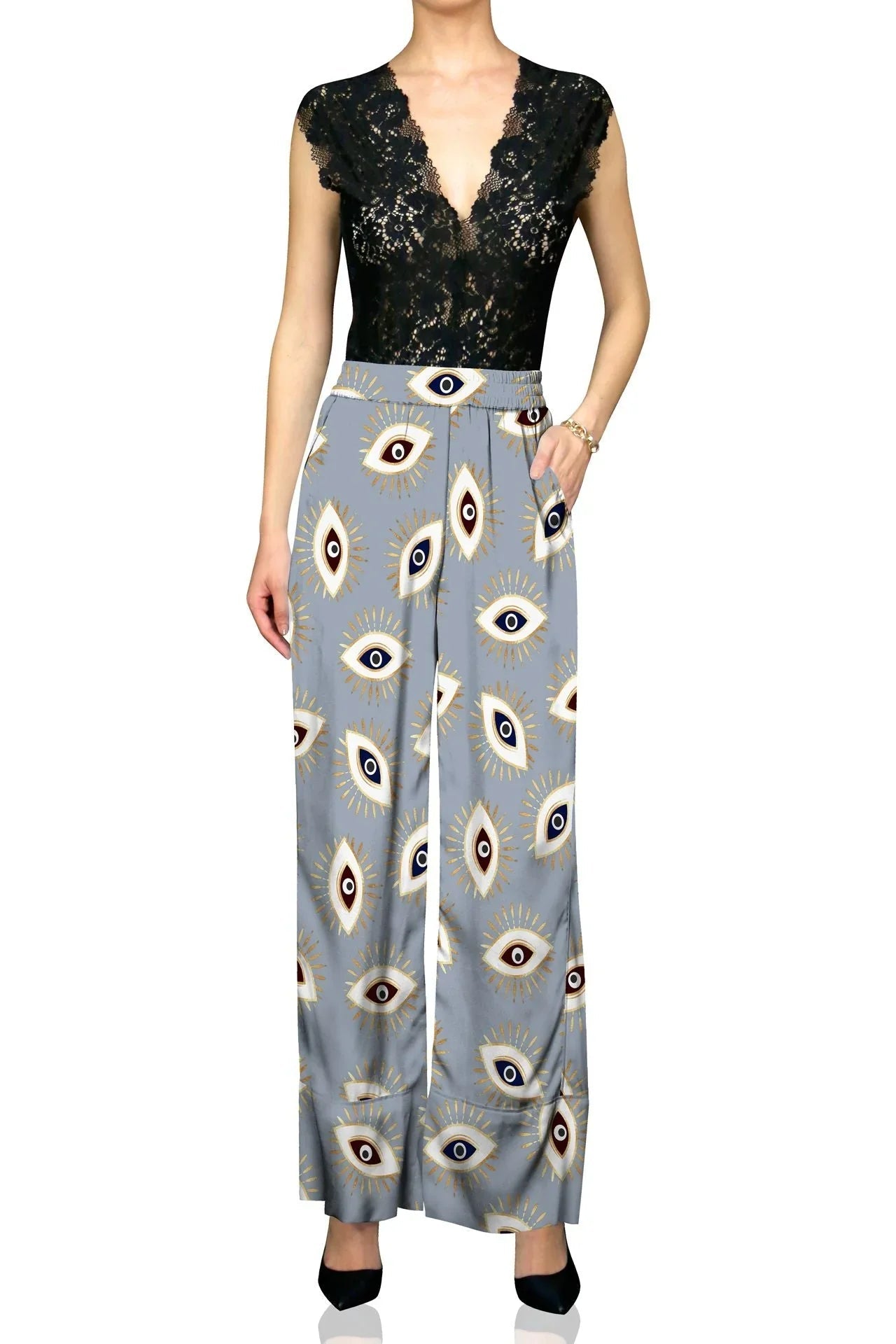 Cupro Sustainable Biodegradable Fabrics Silk Designer Pants In Evil Eye