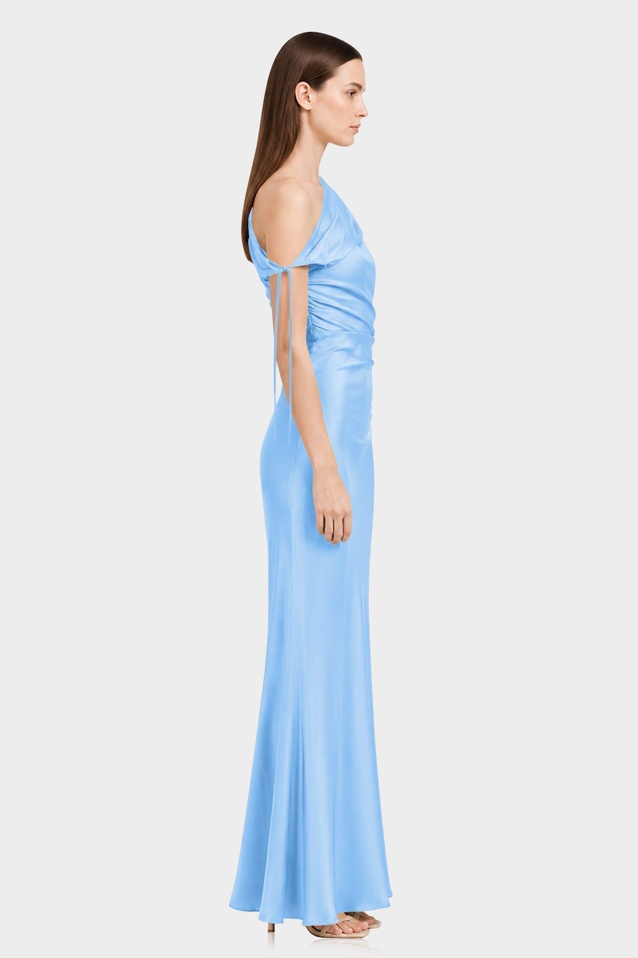 Elegant Sky Blue One Shoulder Gathered Stretch Satin Maxi Dress for Beach Weddings