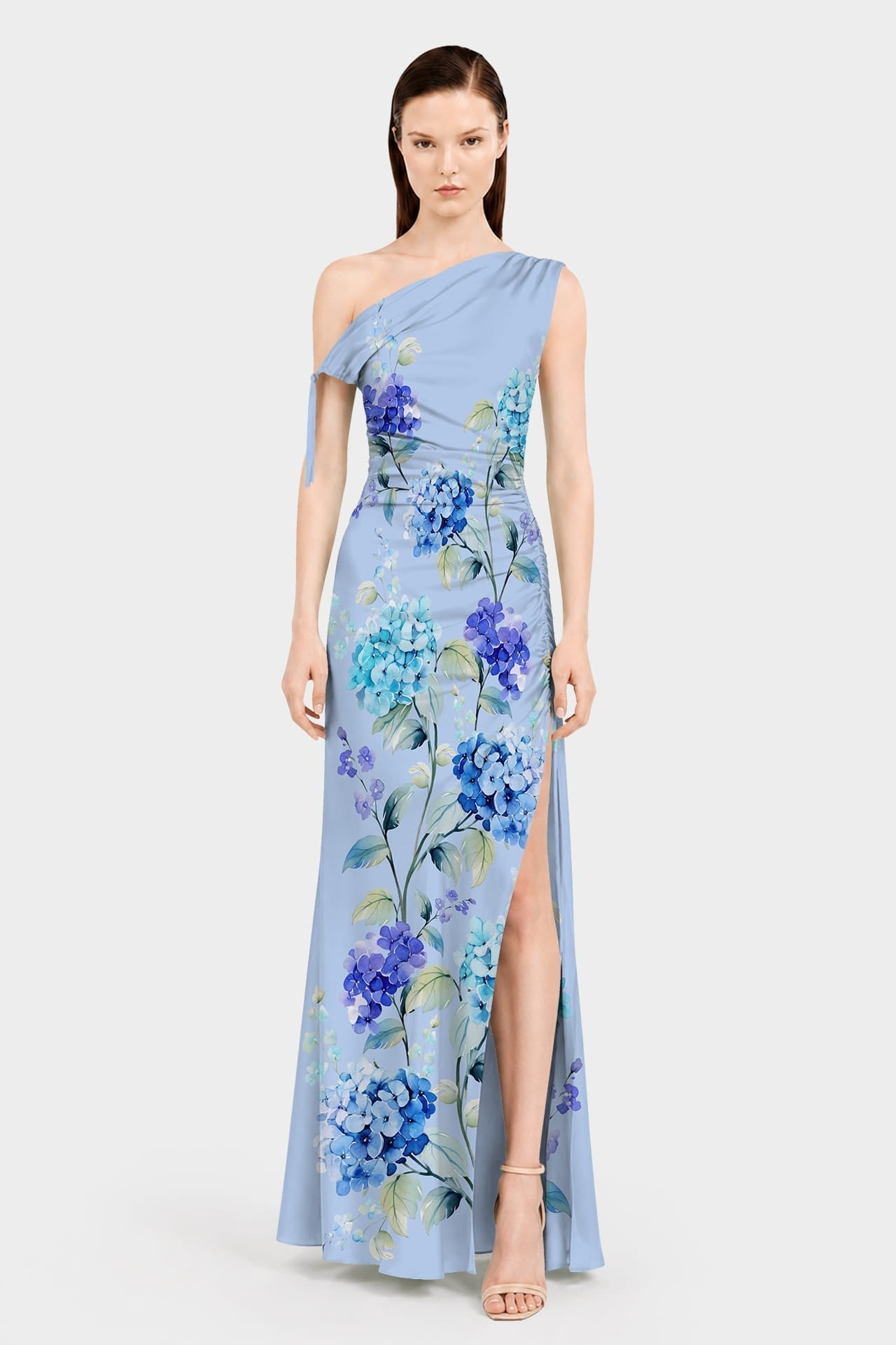 Sky Blue Floral One Shoulder Maxi Dress