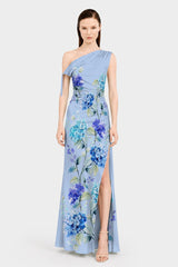 Sky Blue Floral One Shoulder Maxi Dress