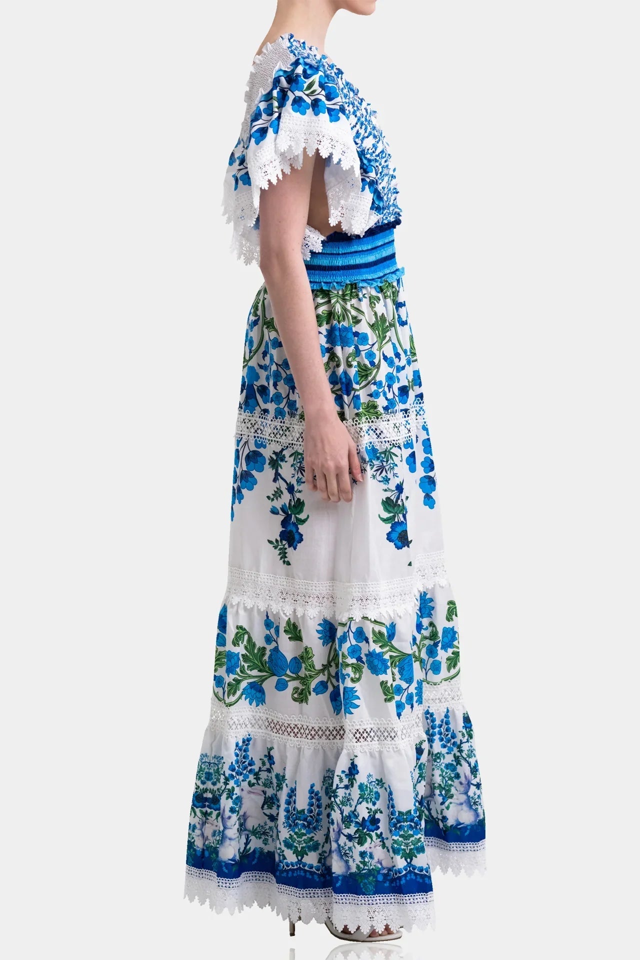 White & Blue Floral Voile Maxi Dress with Guipure Lace & Smocked Waist