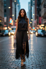 Classic Black Lace Trim Midi Dress