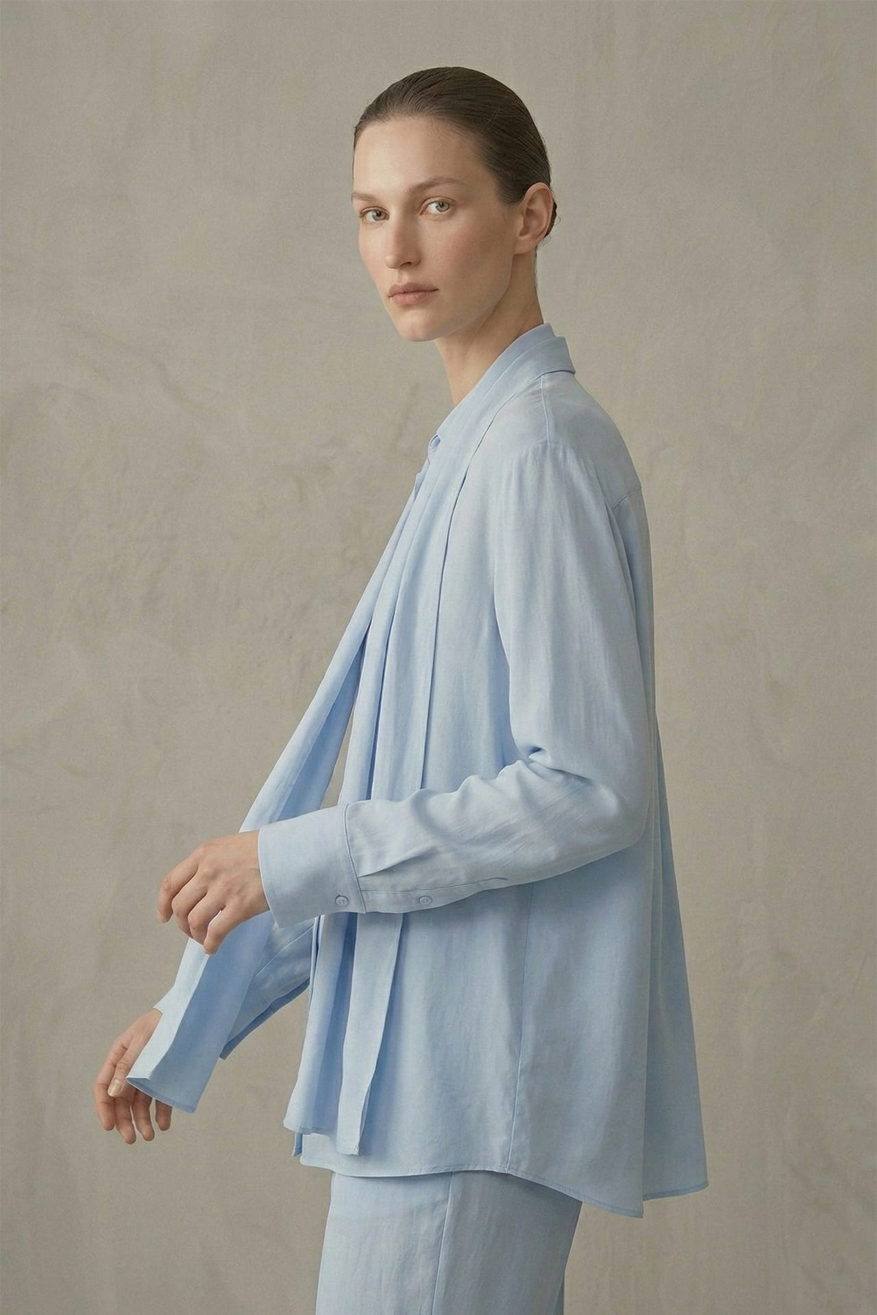 Scarf-Detailed Silk-Georgette Shirt in Powder Blue