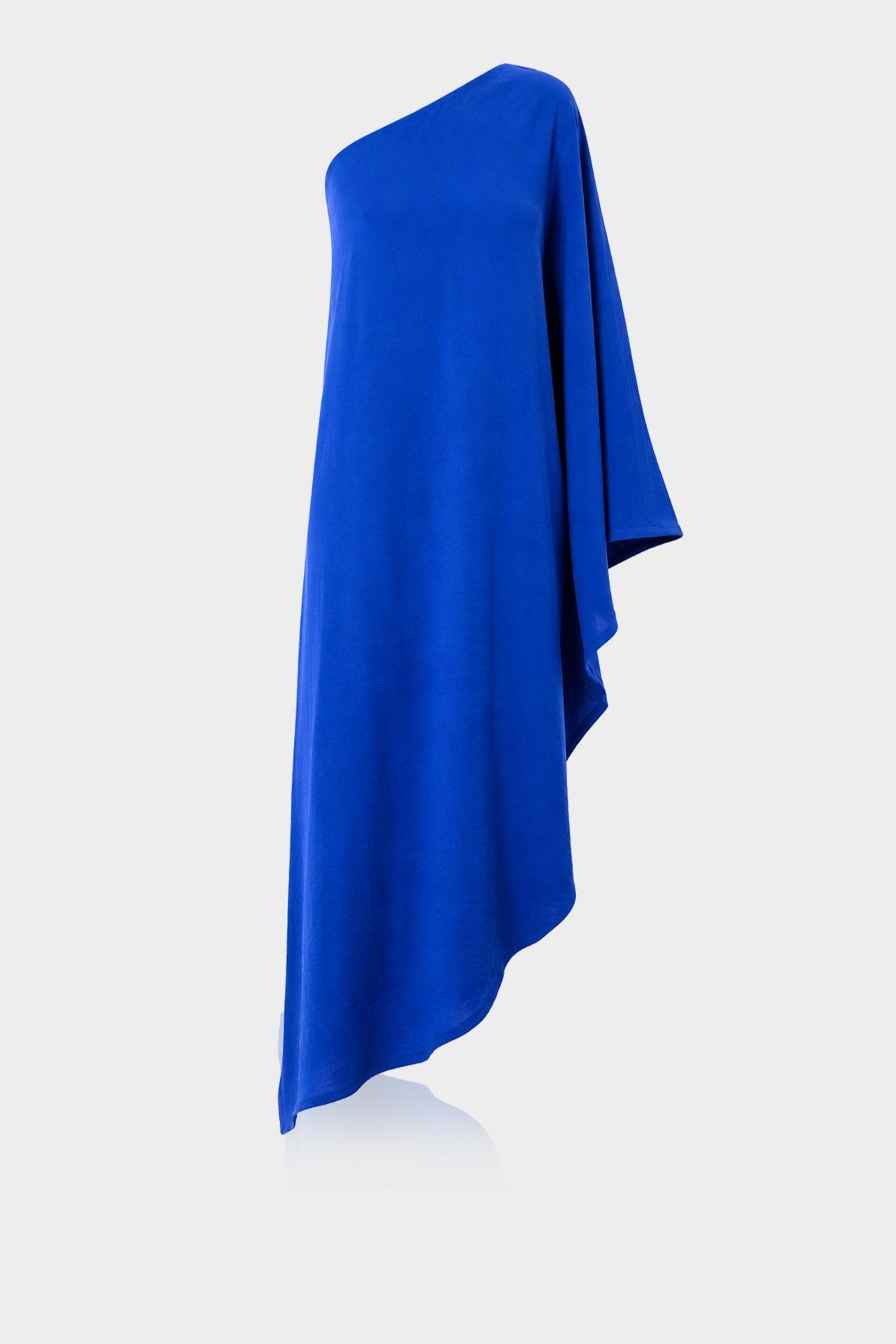 Blue one shoulder sexy midi dress in silk with asymmetric neckline