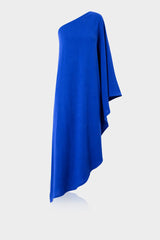 Blue one shoulder sexy midi dress in silk with asymmetric neckline