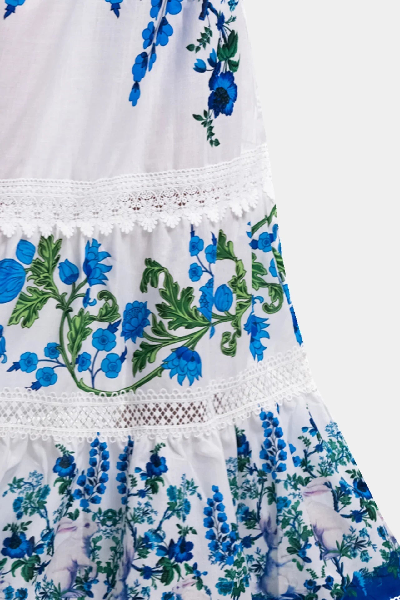 White & Blue Floral Voile Maxi Dress with Guipure Lace & Smocked Waist