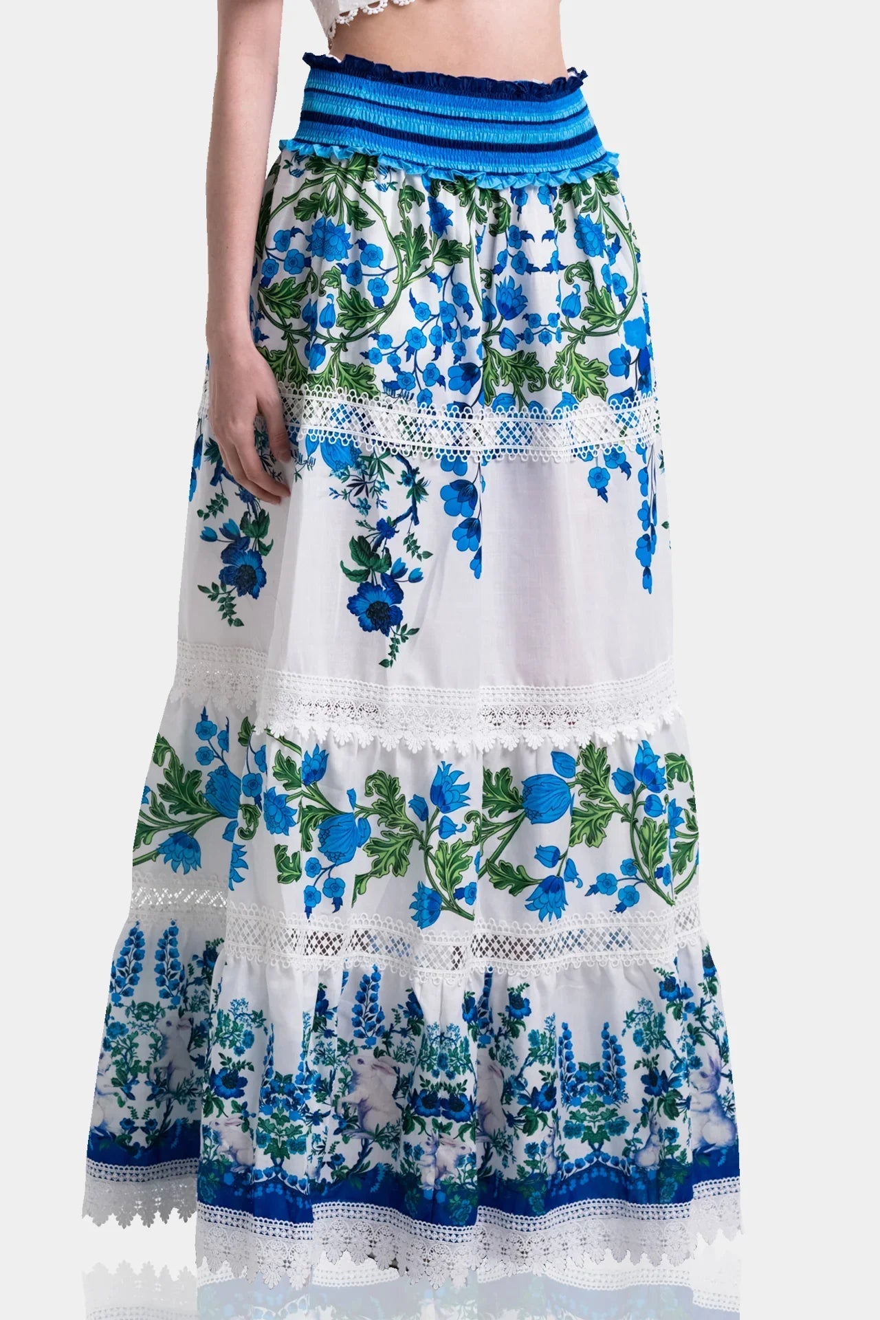 White & Blue Botanical Cotton Maxi Skirt with Guipure Lace Detail