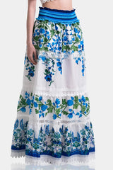 White & Blue Botanical Cotton Maxi Skirt with Guipure Lace Detail
