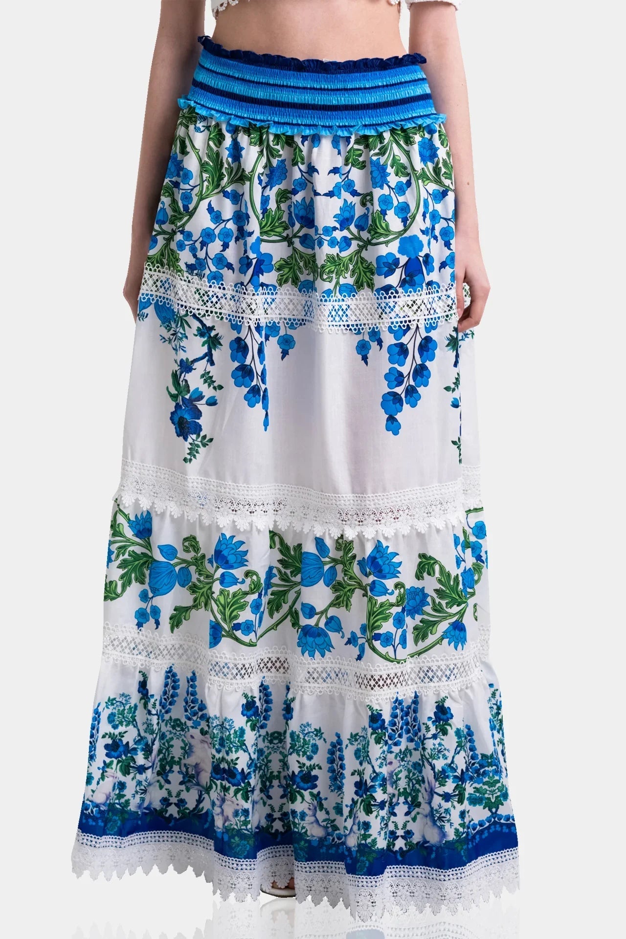 White & Blue Botanical Cotton Maxi Skirt with Guipure Lace Detail