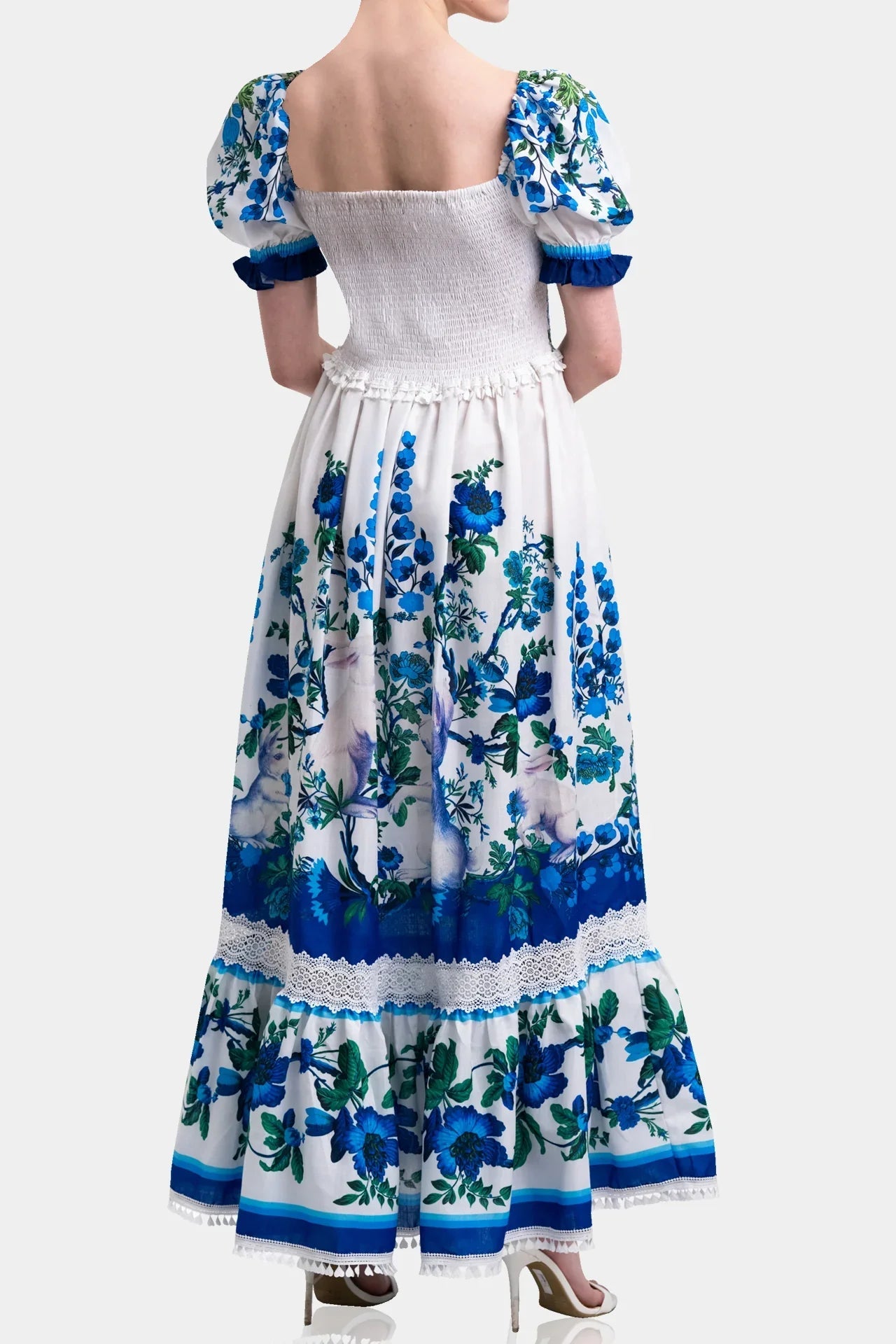White & Blue Floral Voile Maxi Dress with Guipure Lace Trim