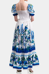 White & Blue Floral Voile Maxi Dress with Guipure Lace Trim