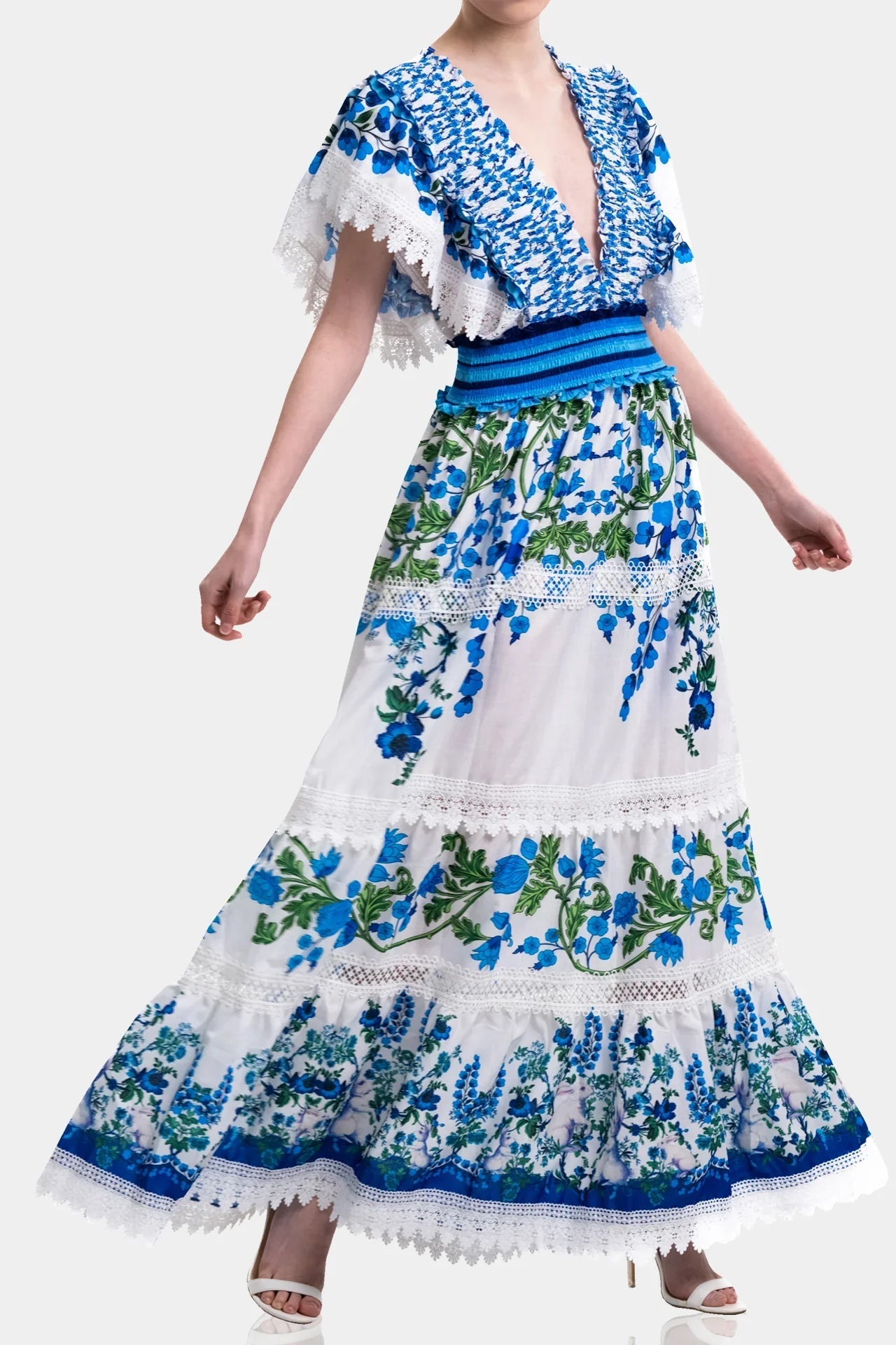 White & Blue Floral Voile Maxi Dress with Guipure Lace & Smocked Waist