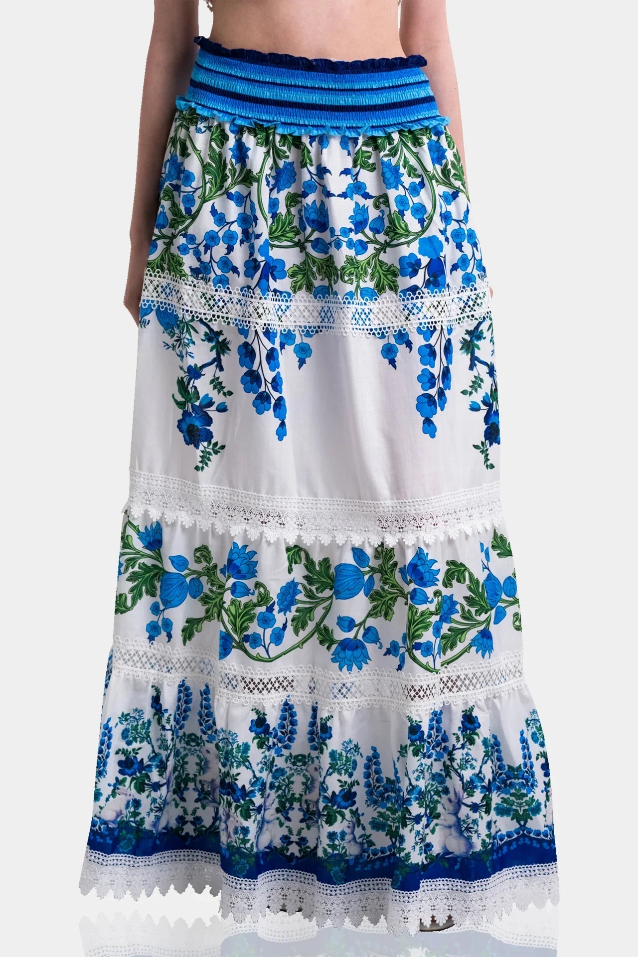 White & Blue Botanical Cotton Maxi Skirt with Guipure Lace Detail