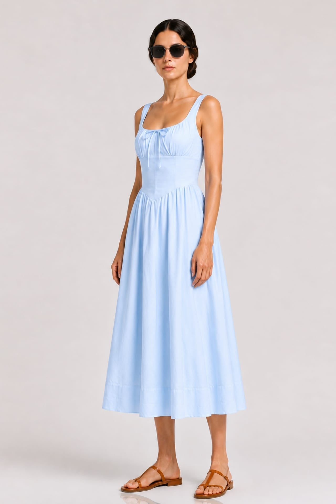 Sky Blue Linen Corset Midi Dress with Square Neckline – Bridal Shower Dress