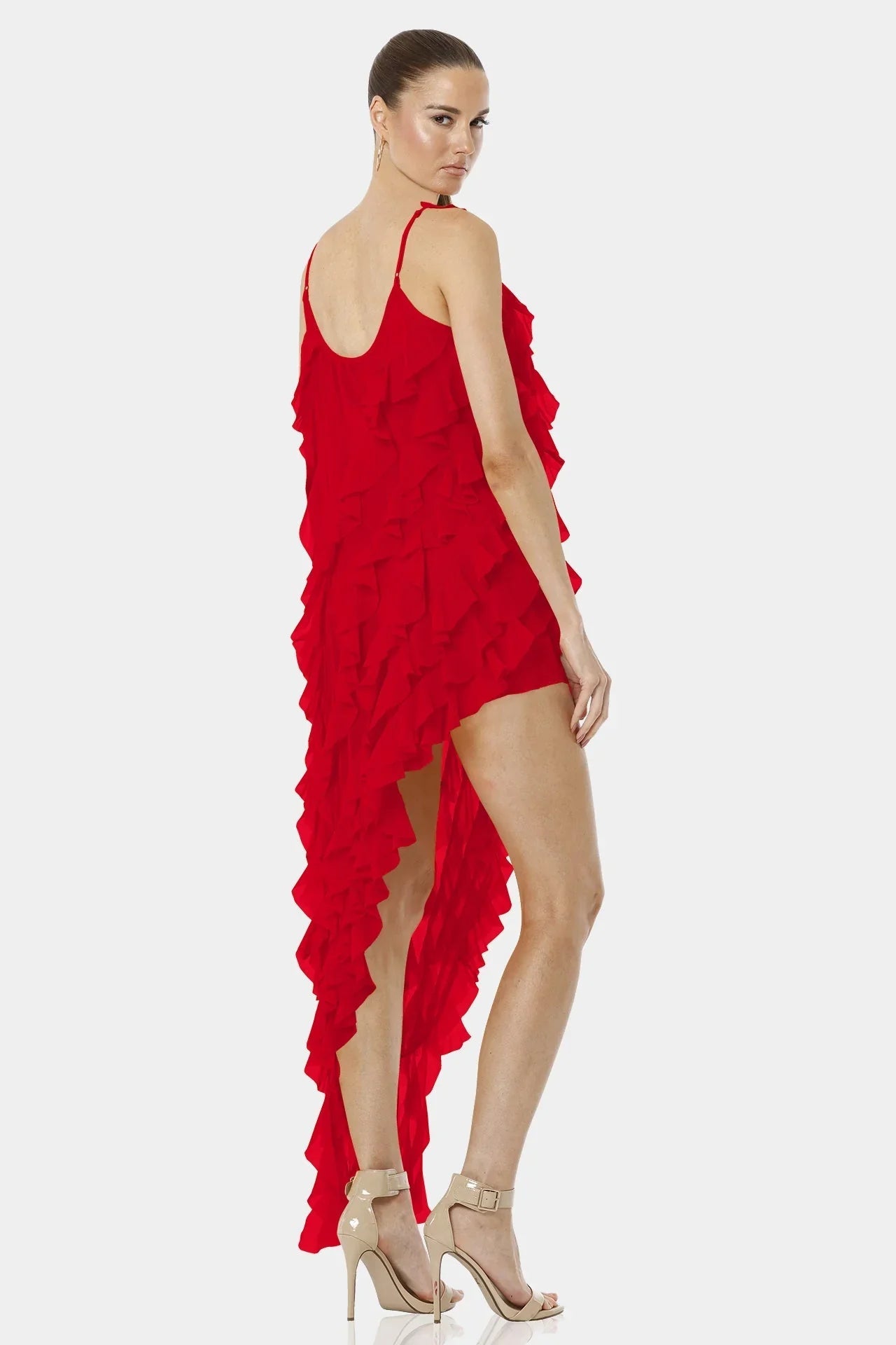 Carmen Flaming Red Sleeveless Dress Long Ruffled Overlay
