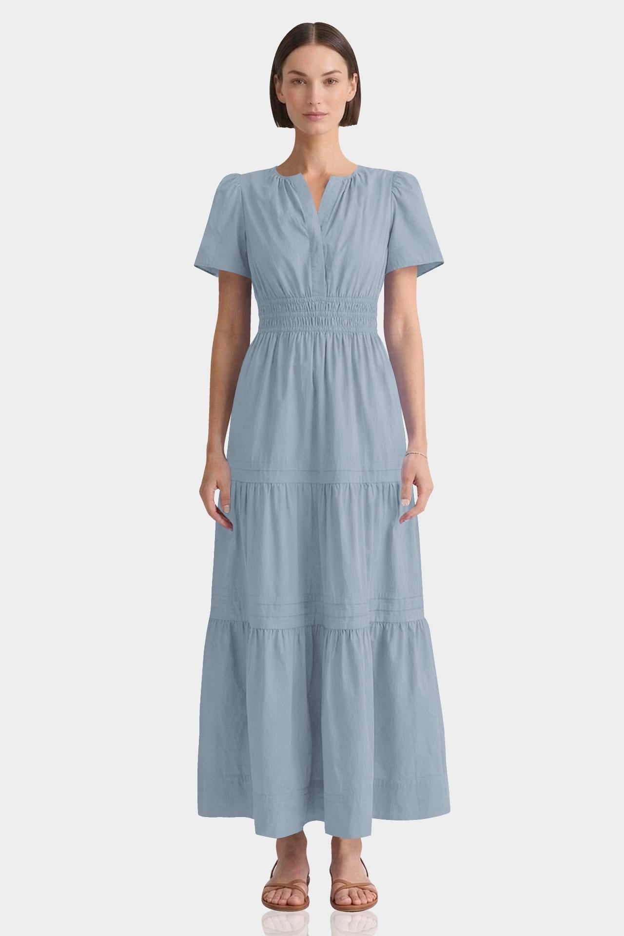 Dusty Blue Smocked Waist Cotton Tiered Maxi Dress