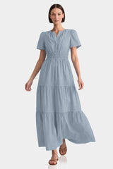 Dusty Blue Smocked Waist Cotton Tiered Maxi Dress