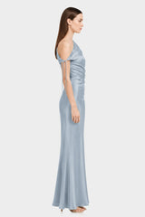 Dusty Blue Ruched Stretch Satin Evening Gown - Resort Evening Wear
