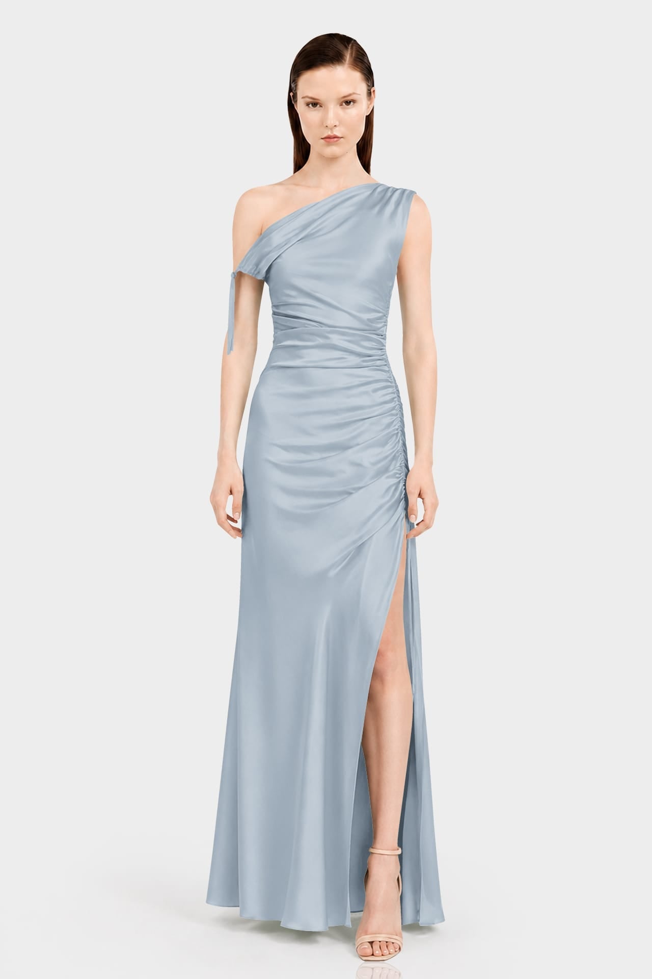 Dusty Blue Ruched Stretch Satin Evening Gown - Resort Evening Wear