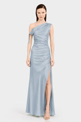 Dusty Blue Ruched Stretch Satin Evening Gown - Resort Evening Wear