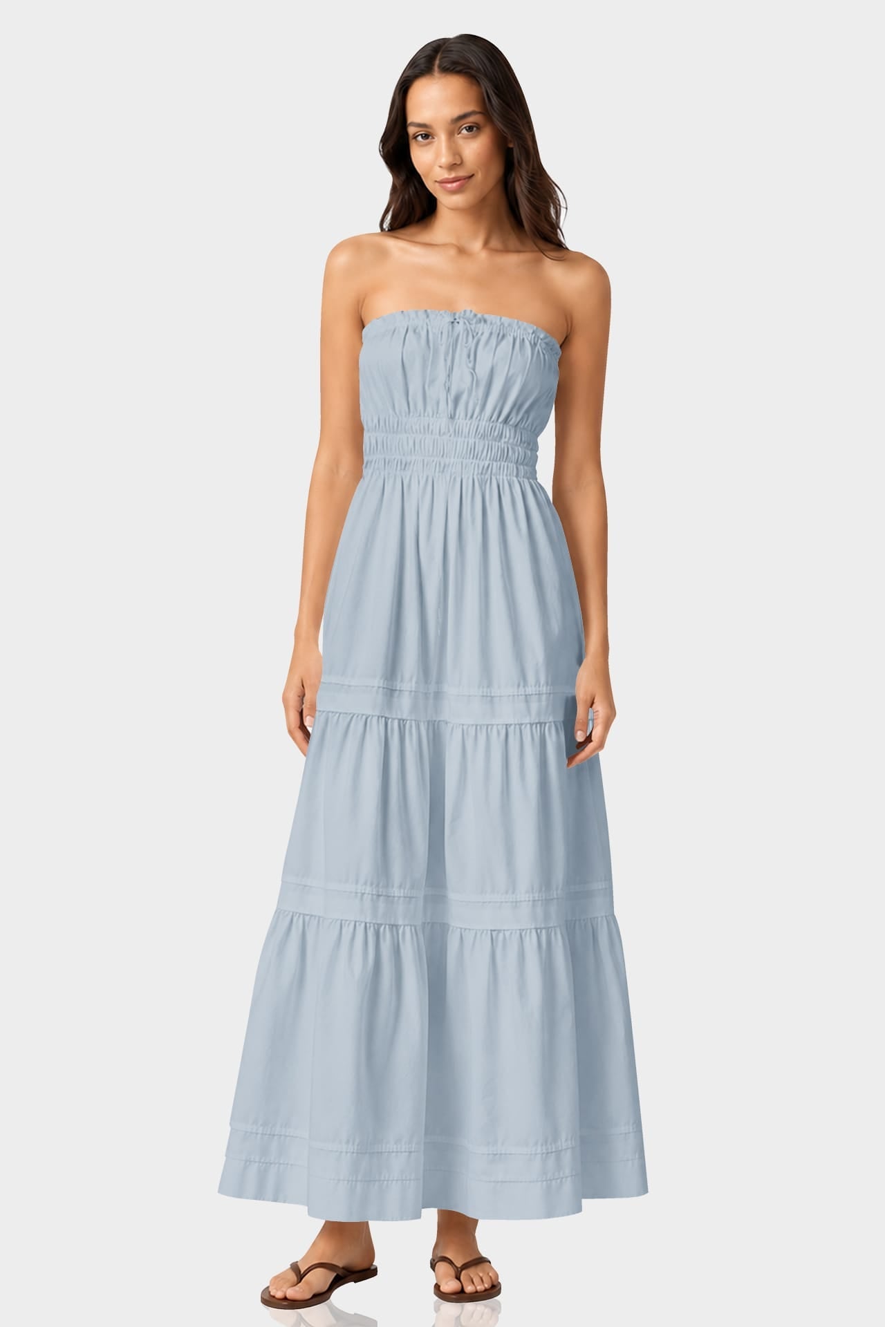 Dusty Blue Strapless Flowy Cotton Maxi Dress for Destination Weddings