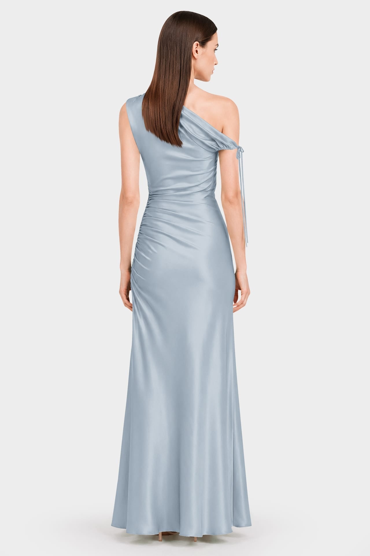 Dusty Blue Ruched Stretch Satin Evening Gown - Resort Evening Wear