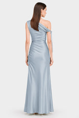 Dusty Blue Ruched Stretch Satin Evening Gown - Resort Evening Wear