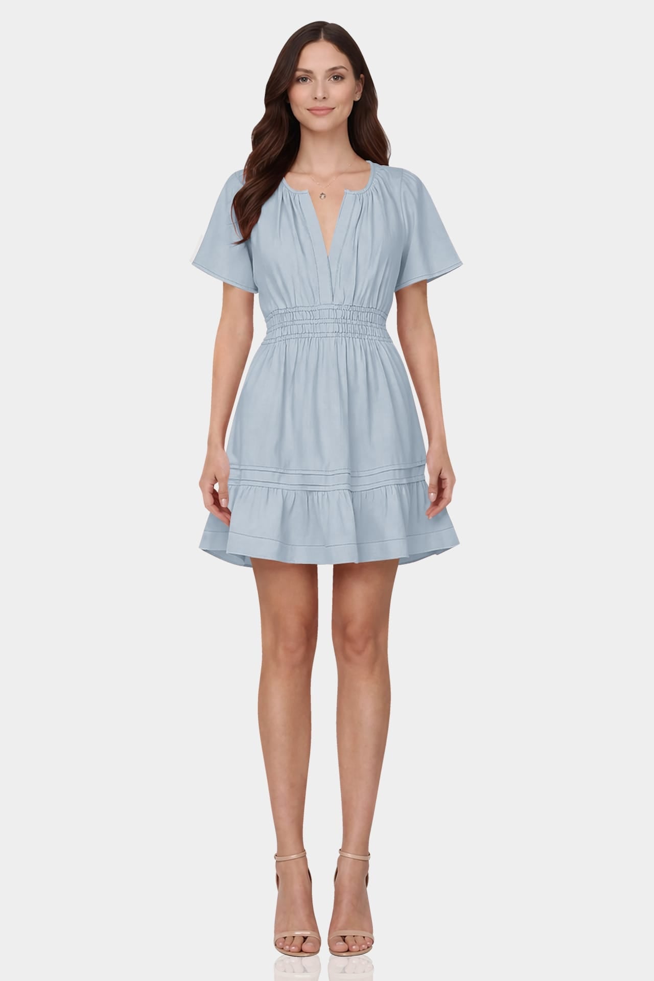 Dusty Blue Flutter Sleeve Tiered Mini Dress – Brunch Dress